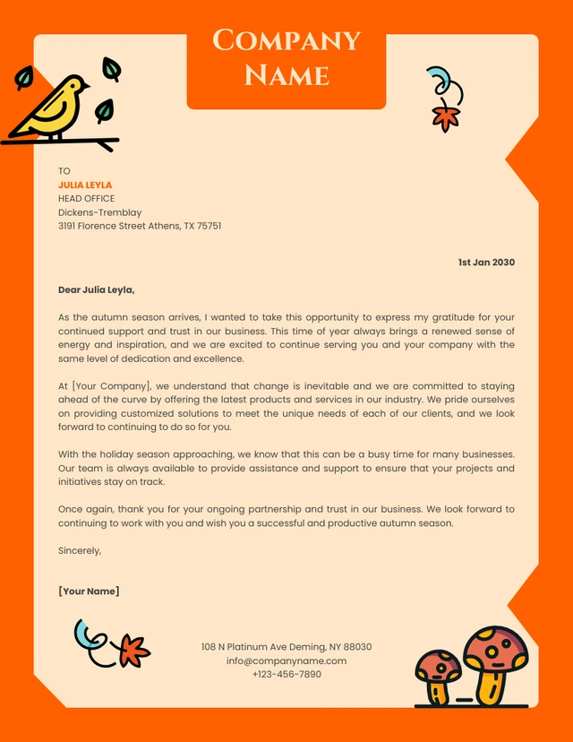 Cream And Orange Simple Illustration Business Autumn Letterhead
