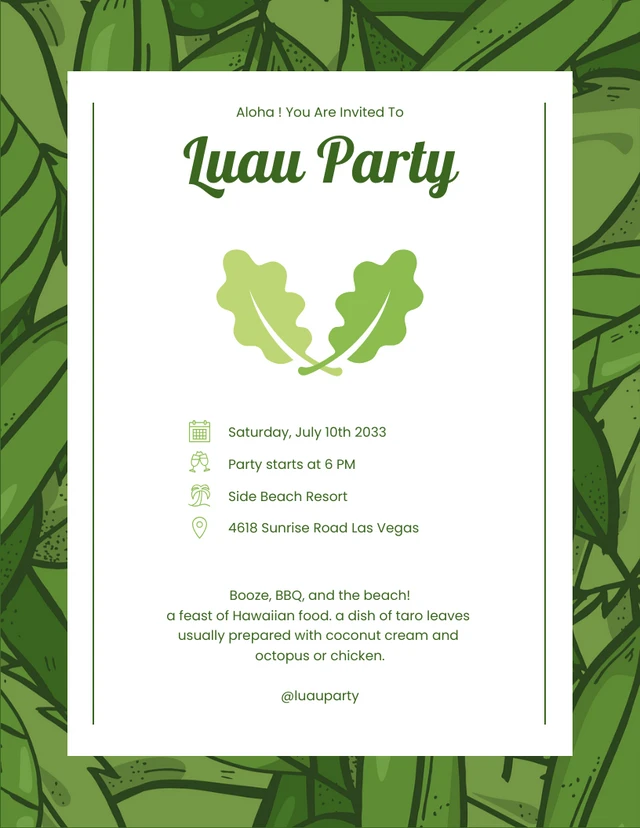 Green And White Modern Minimalist Illustration Leaf Luau Party Invitation Template