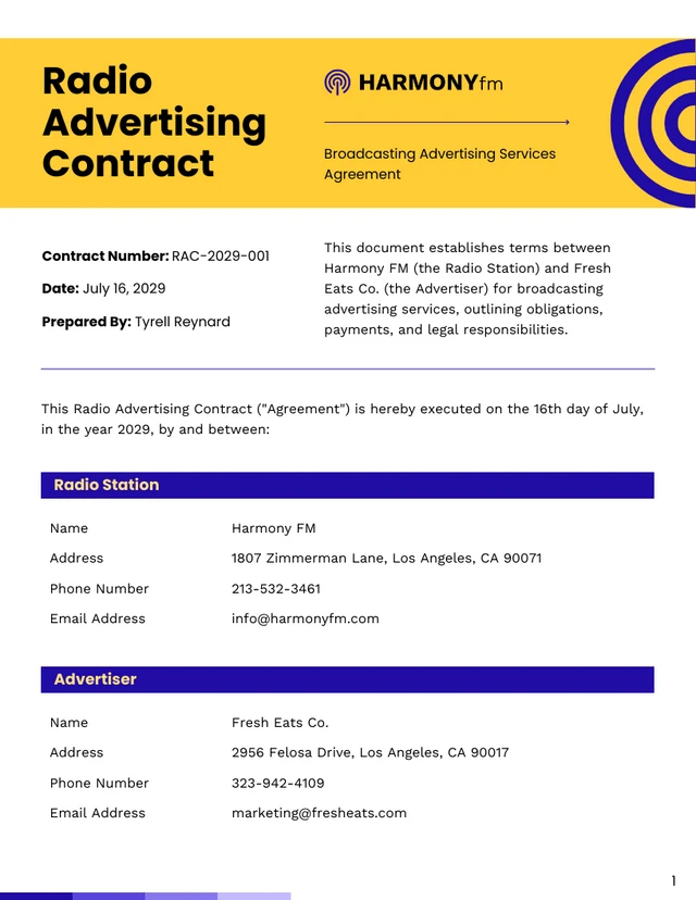 Radio Advertising Contract Template - Page 1