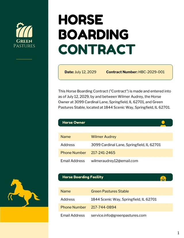 Horse Boarding Contract Template - Page 1