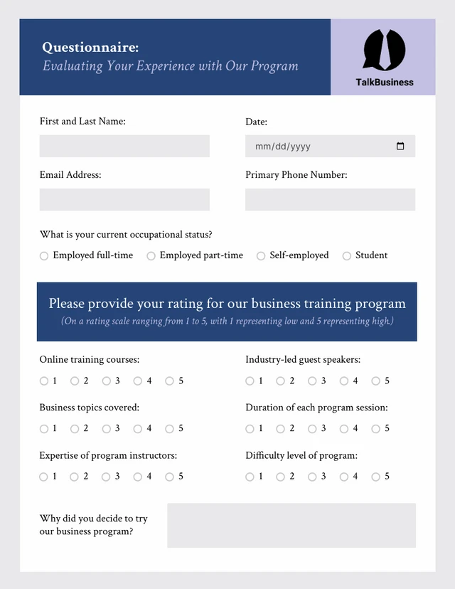 Blue and Purple Questionnaire Form Template