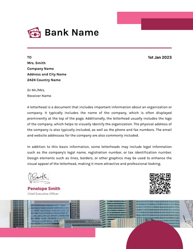 White And Pink Minimalist Professional Bank Letterhead Template
