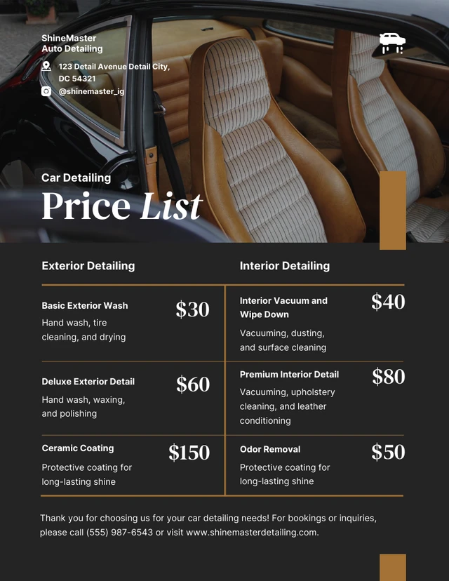 Simple Elegant Black and Brown Car Detailing Price Lists Template