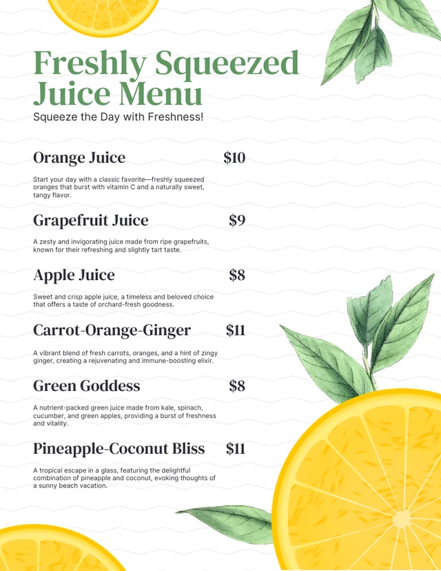 White Modern Illustration Juice Drink Menu Template