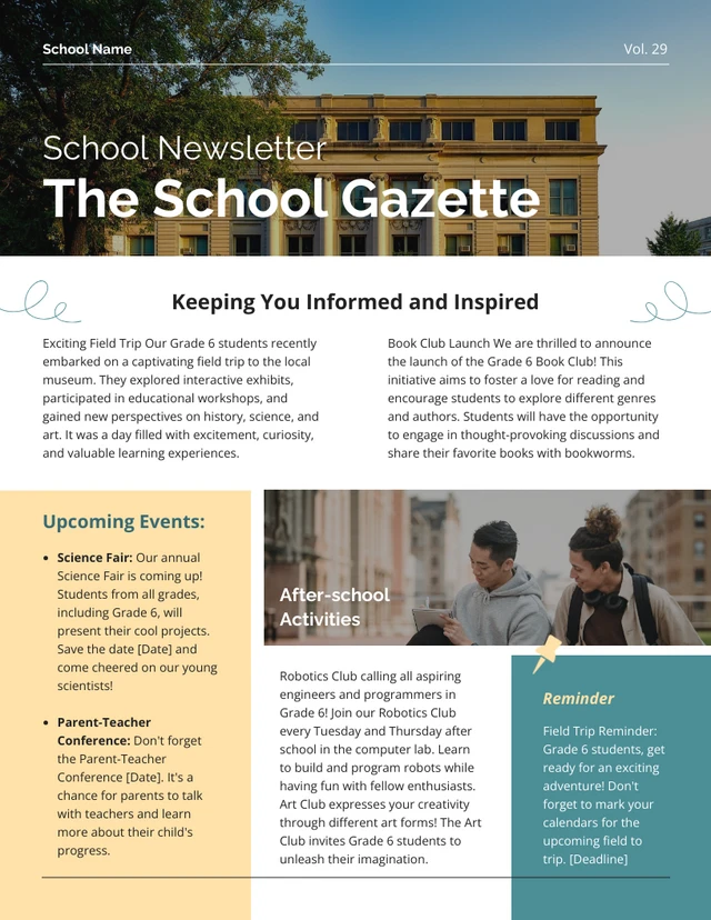 Elegant Emerald Green Yellow School Newsletter Template