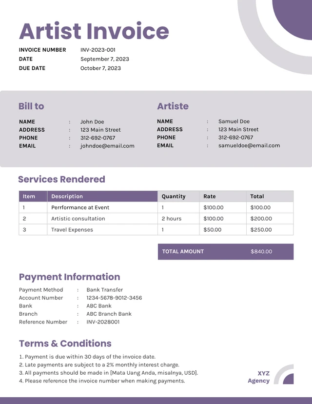 Simple Purple Artist Invoice Template