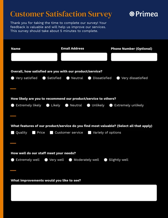 Dark Blue and Orange Customer Survey Form Template