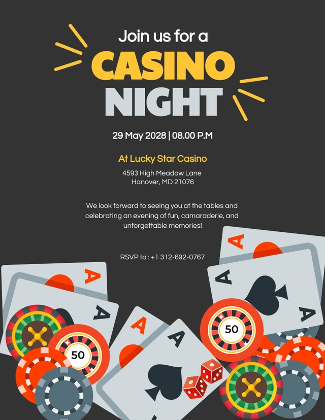 Black And Yellow Minimalist Ilustration Casino Invitation Template