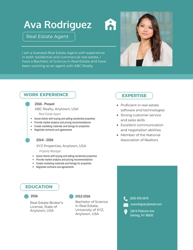 Teal Modern Professional Real Estate Agent Resume Template
