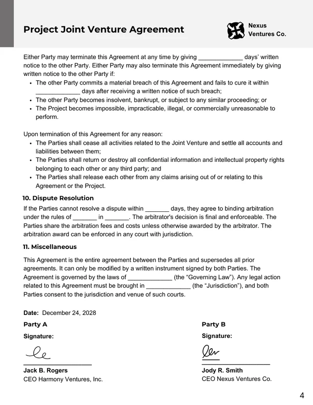 Grey and White Clean Simple Project Joint Venture Agreement - Page 4