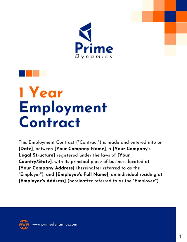 1 Year Employment Contract Template - Page 1