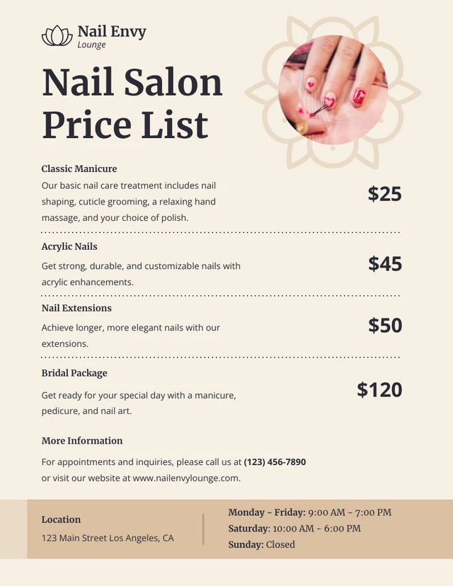 Beige Modern Simple Minimalist Nail Salon Price Lists Template