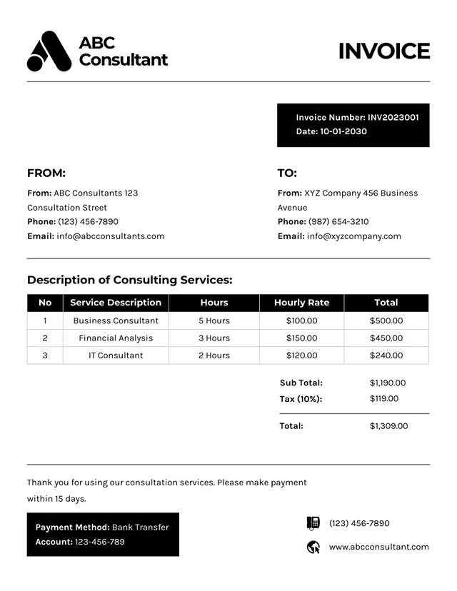 Minimalist Black and White Consultation Invoice Template