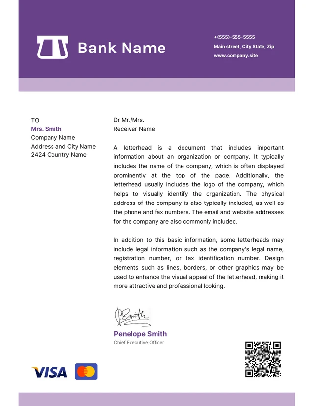 White And Purple Simple Bank Letterhead Template
