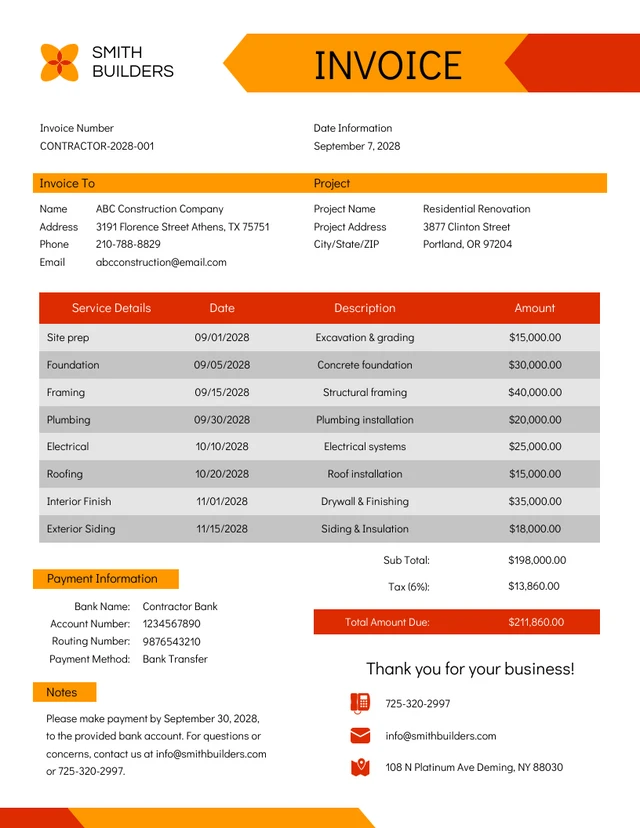 Simple Yellow and Red Construction Invoice Template