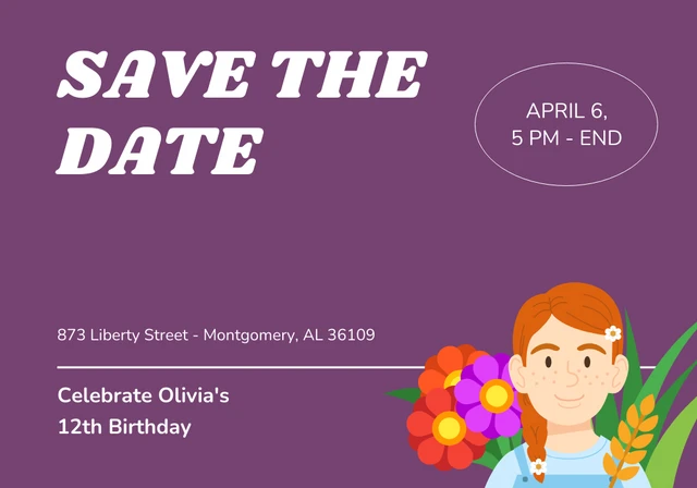 Fun Purple Birthday Save The Date Template
