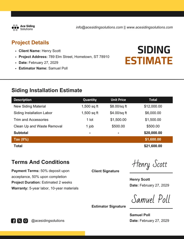 Siding Estimate Template