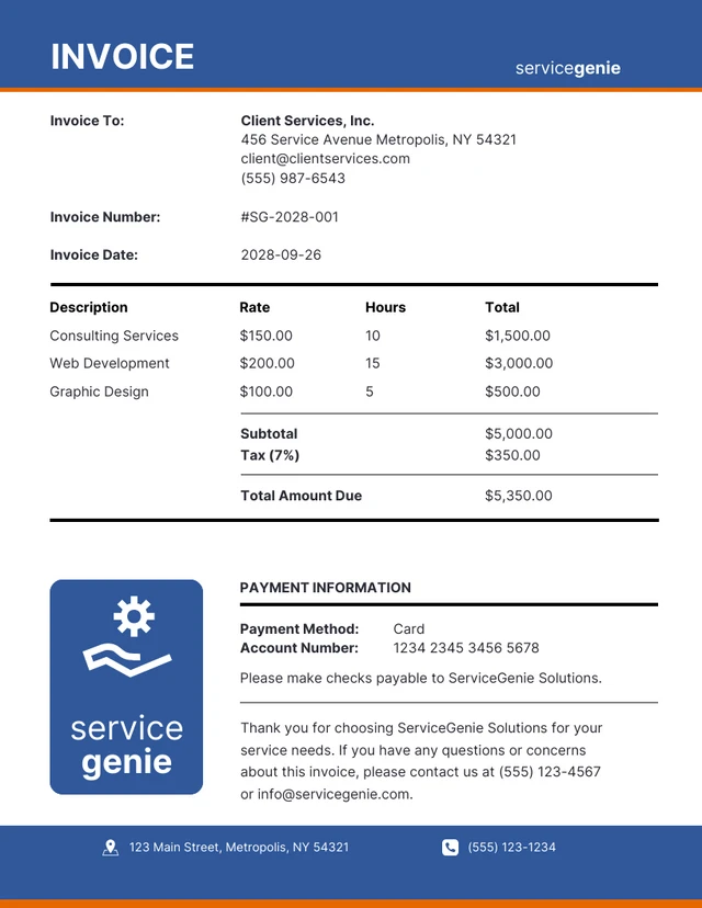 Minimalist Blue and Orange Service Invoice Template