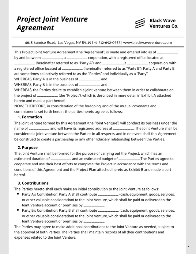 White Clean Project Joint Venture Agreement - Page 1