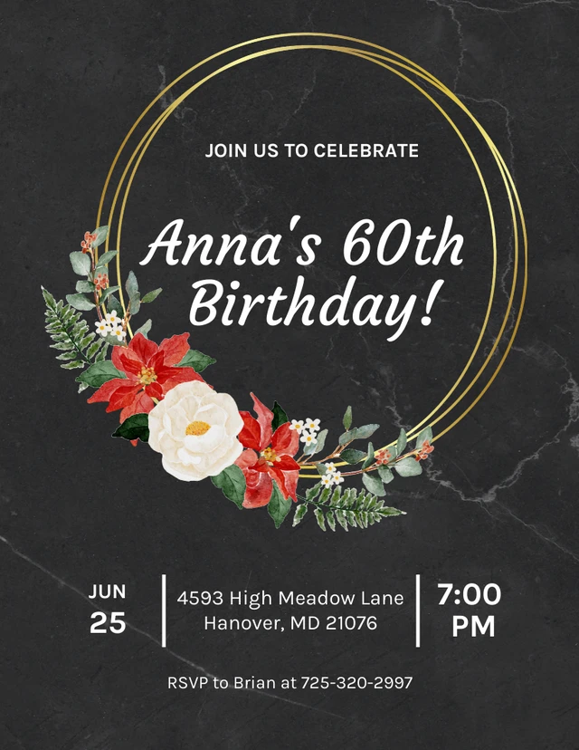 Black Marble Luxury 60th Birthday Invitation Template