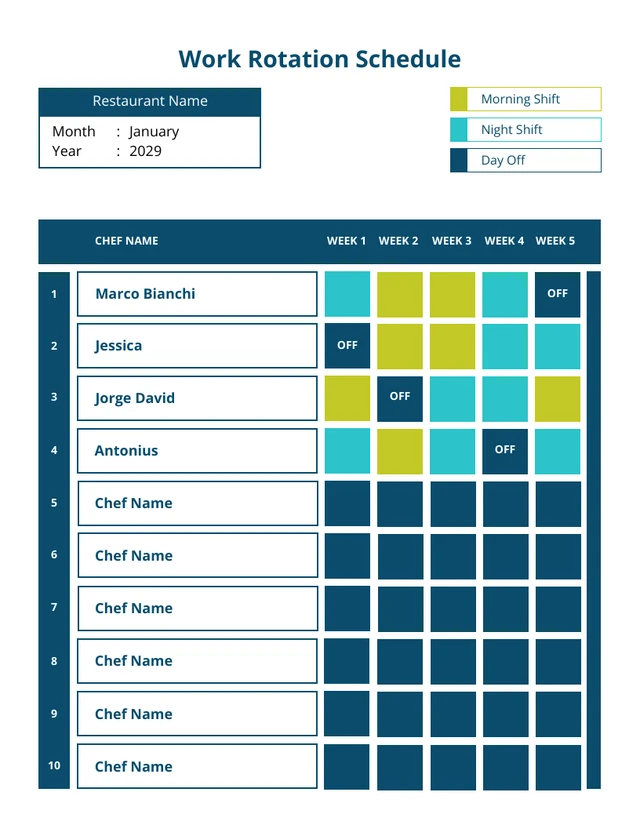 Work Rotation Restaurant Schedule Template