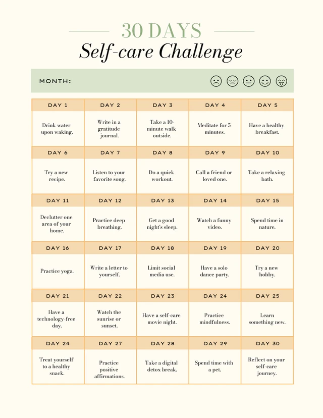 Soft Yellow and Green 30 Days Self Care Challenge Template