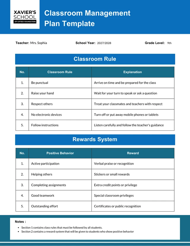 Blue Minimalist Classroom Management Plan Template