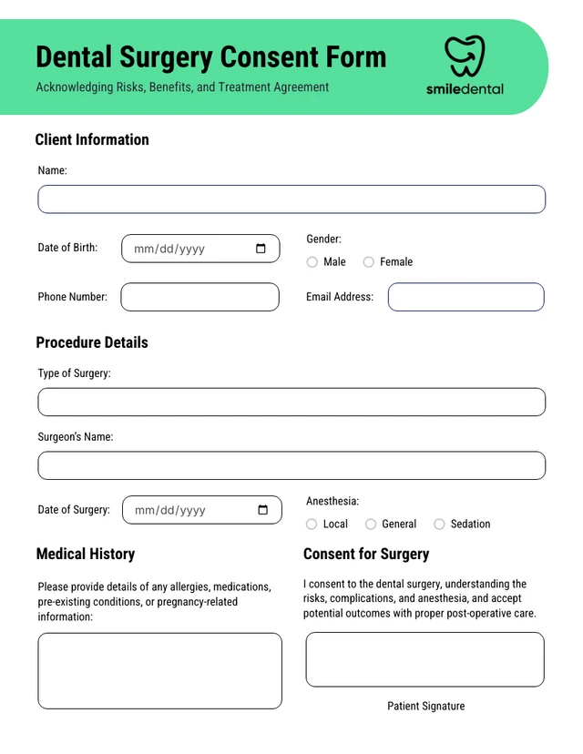 Clean Simple Smile Care Dental Consent Form Template