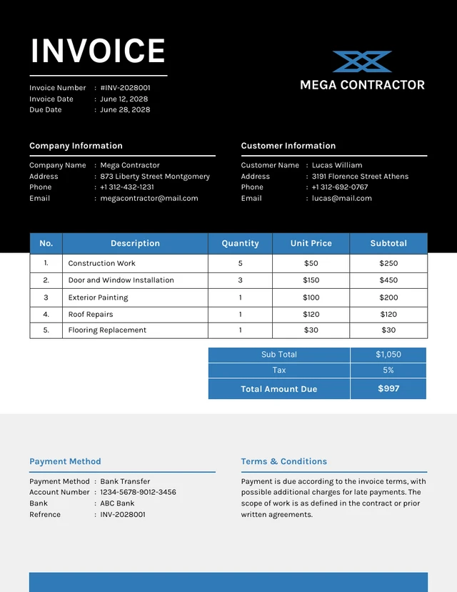 Black and Blue Minimalist Contractor Invoice Template