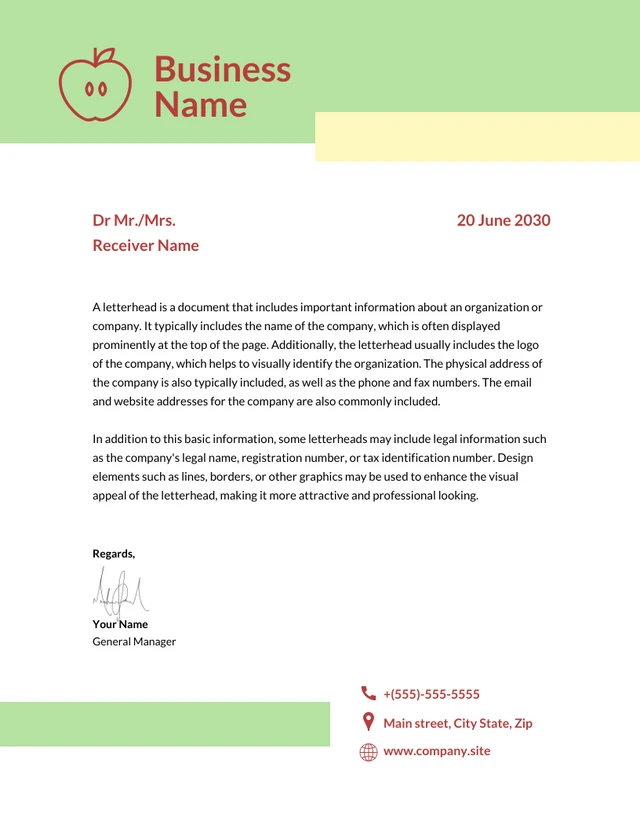 Green And Yellow Pastel Minimalist Apple Letterhead Template
