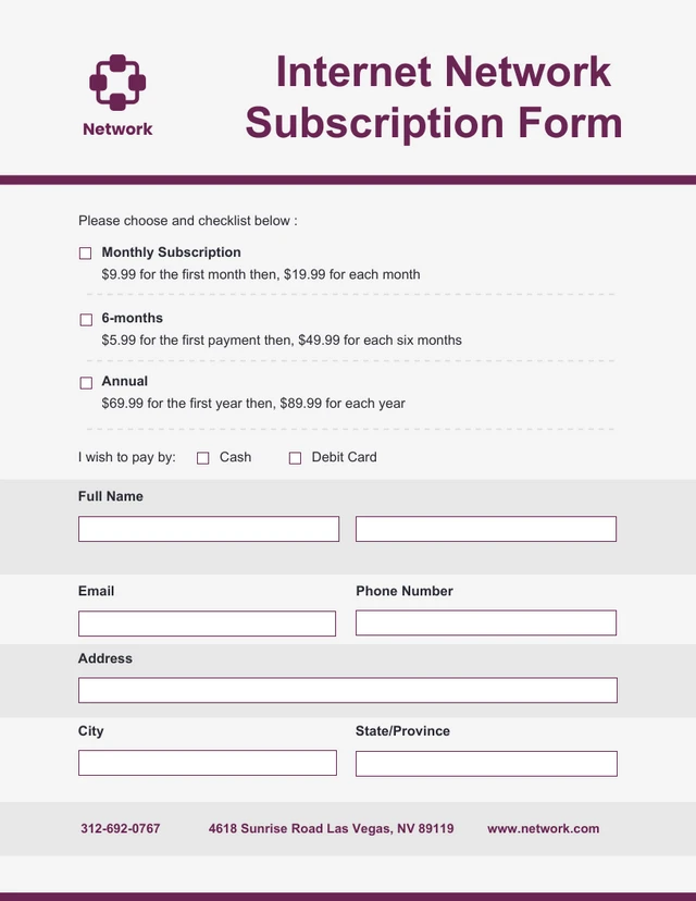 Purple Minimalist Internet Network Subscription Form Template