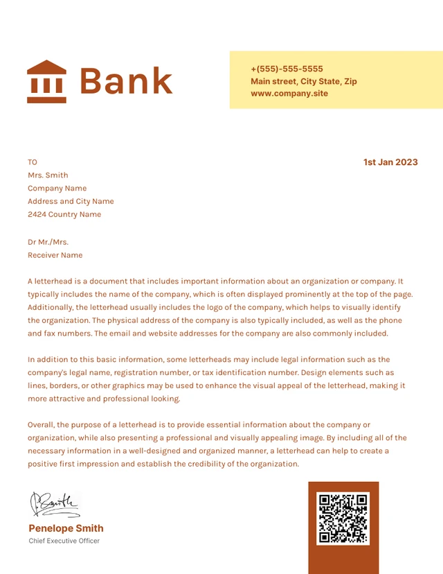 Yellow And Brown Simple Professional Bank Letterhead Template
