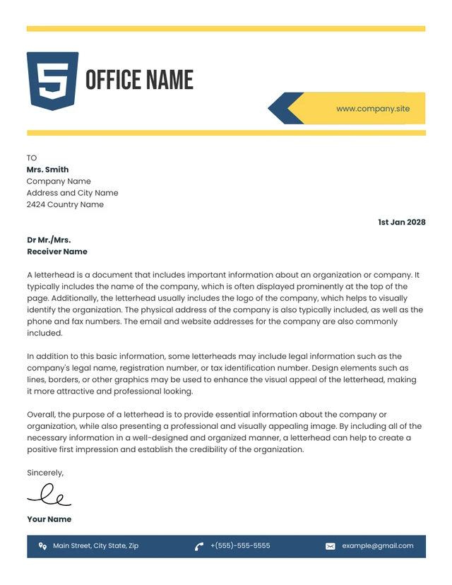 White Yellow And Blue Minimalist Professional Office Letterhead Template
