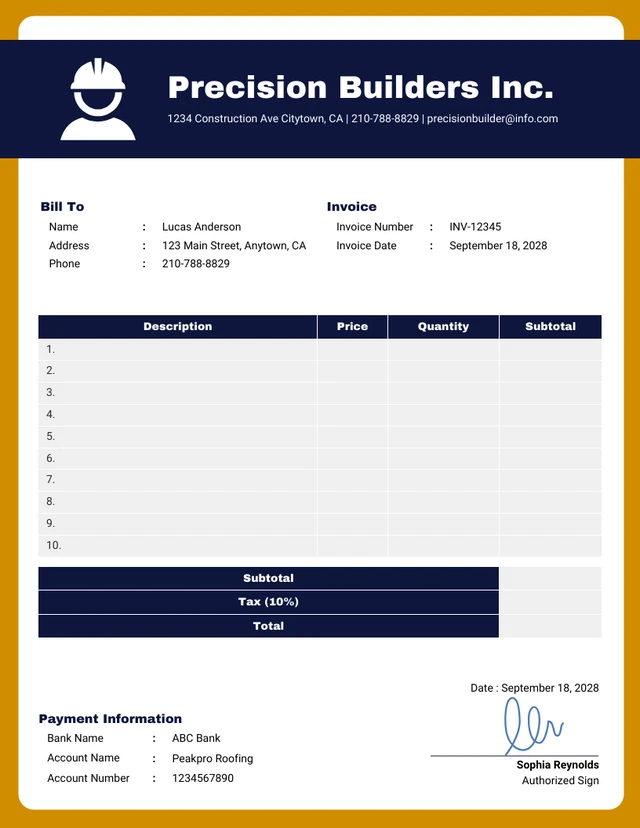 Modern Navy and Yellow Contractor Invoice Template