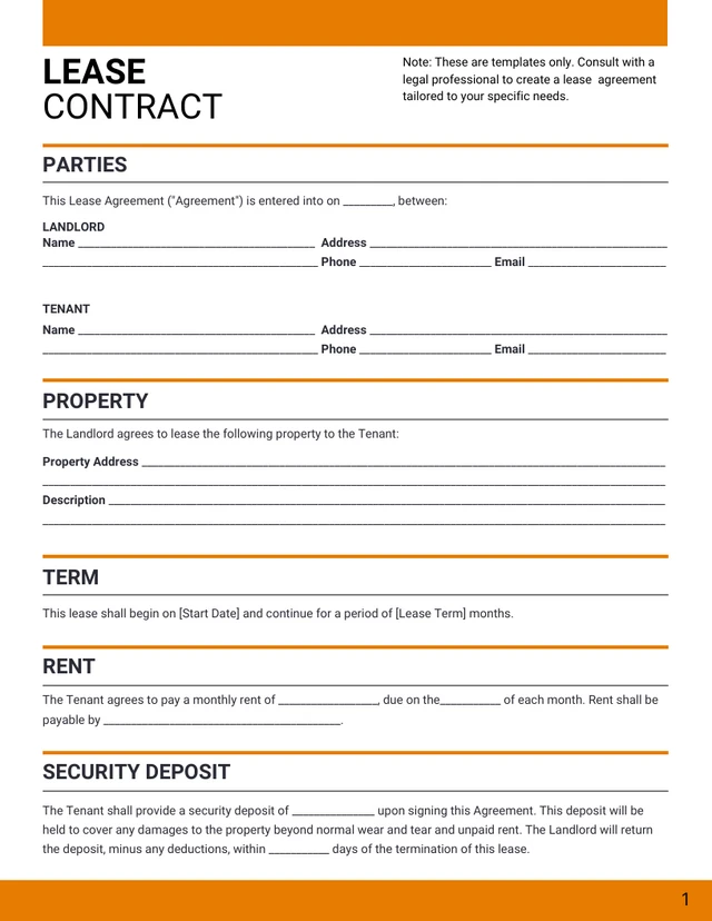 Simple Orange and White Lease Contract - Page 1