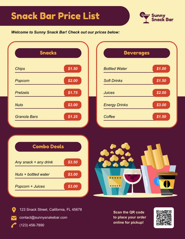 Snack Bar Price List Template