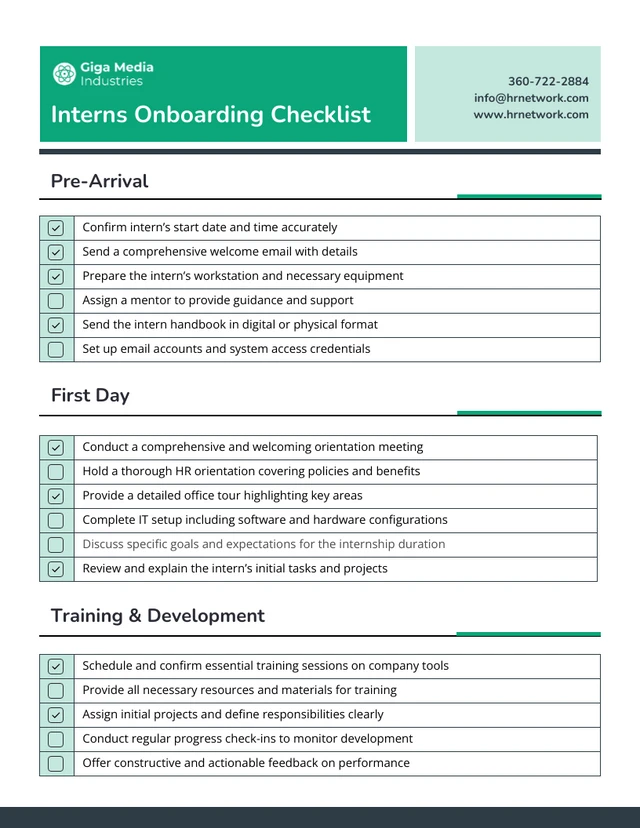 Interns Onboarding Checklist Template