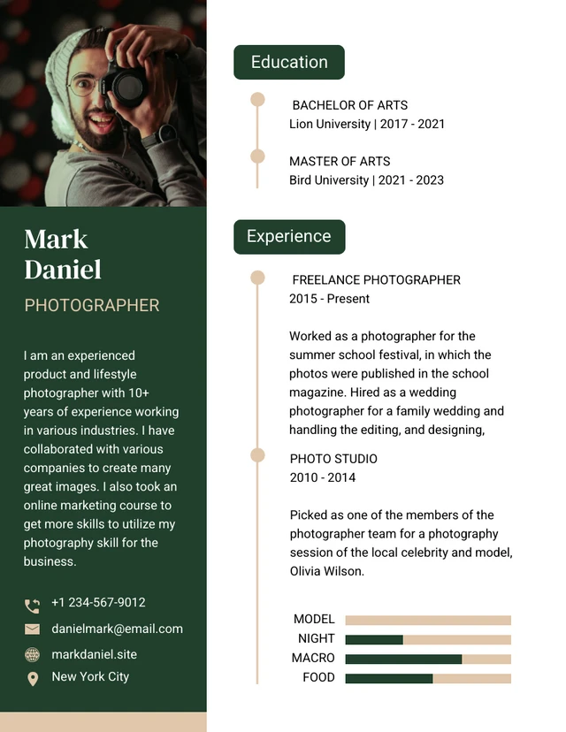 Green Gold And White Modern Minimalist Photographer Resume Template
