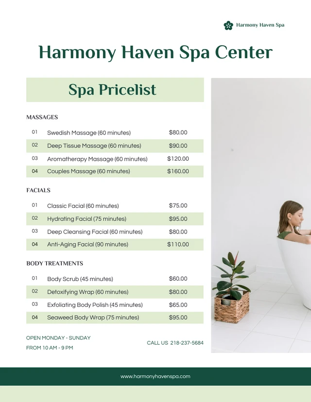 Minimalist Clean White and Green SPA Price Lists Template