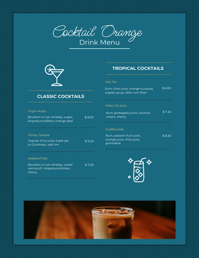 Dark Blue Cream And Green Cocktail Menu Template