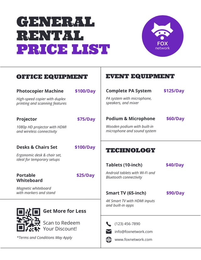 General Rental Price List Template