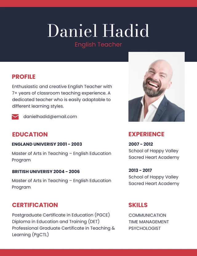 Navy Red And White Simple Minimalist Teacher Resume Template
