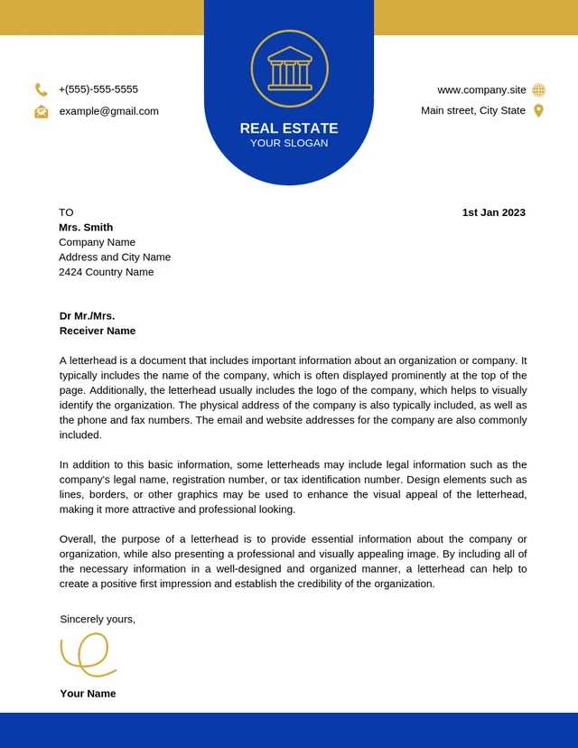 Blue And Gold Modern Professional Real Estate Letterhead Template
