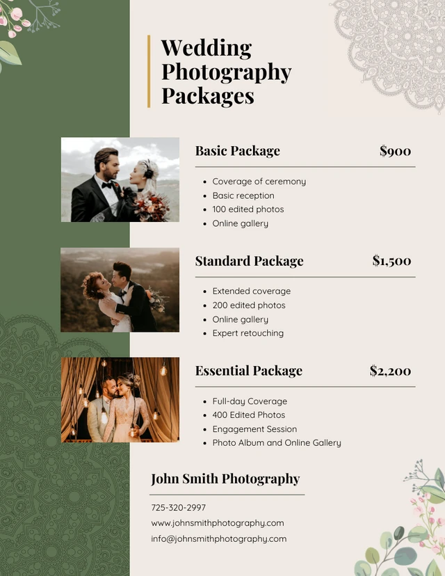 Elegant Cream and Green Photographer Price List Template