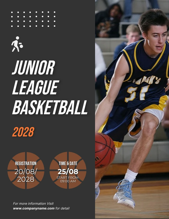 Dark Grey Minimalist Photo Junior League Basketball Poster Template