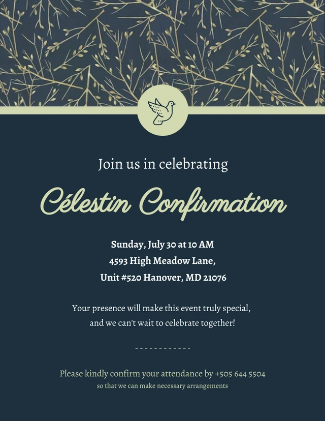 Dark Blue Floral Confirmation Invitation Template