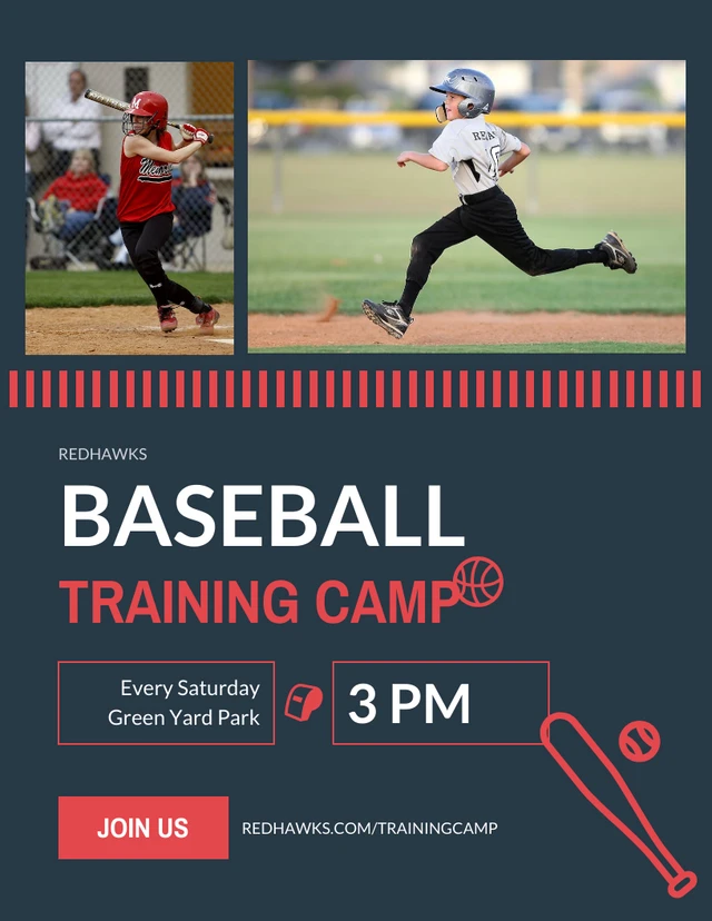 Red And Blue Baseball Training Camp Poster Template
