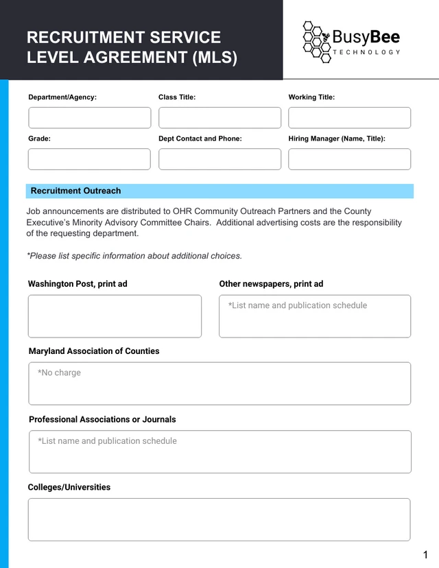 Recruitment Service Level Agreement HR Template - Page 1