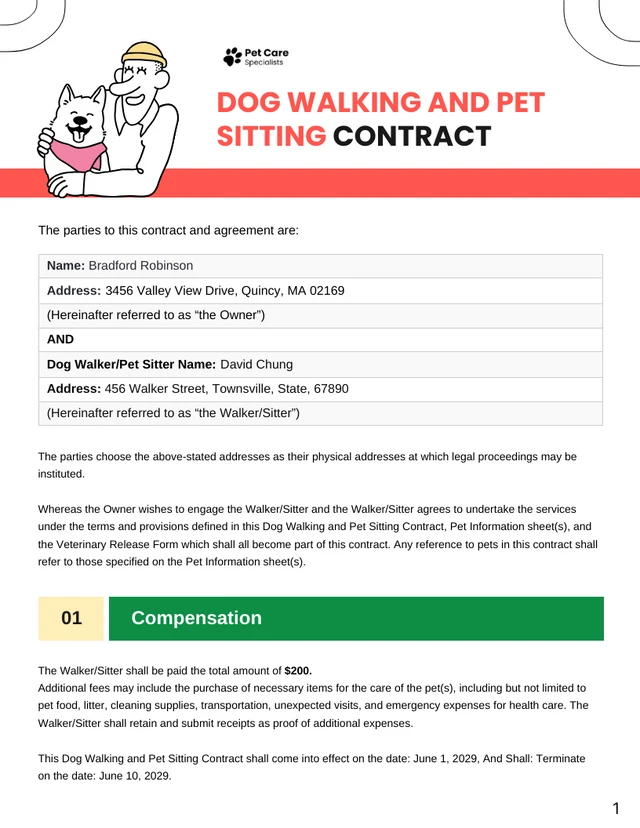 Dog Walking and Pet Sitting Contract Template - Page 1