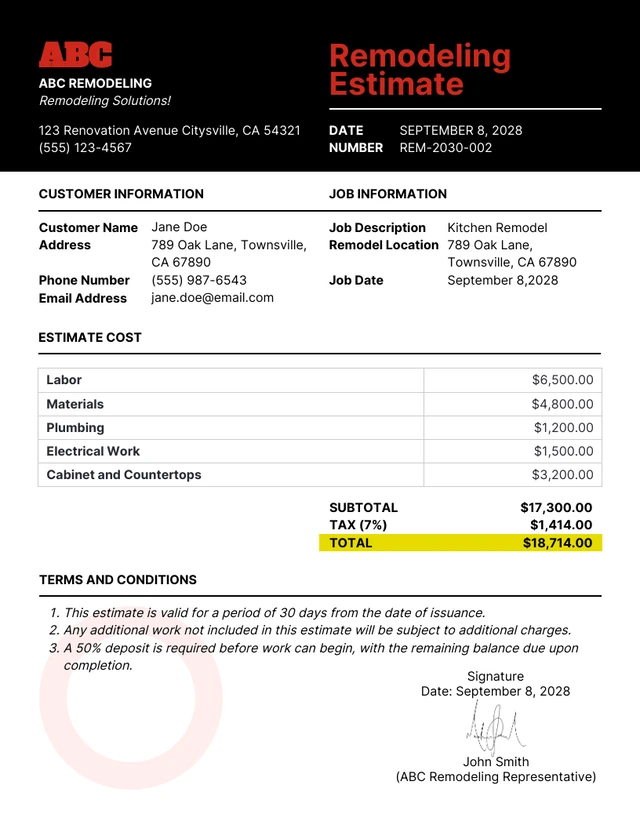 Simple Black Red White Remodeling Estimate Template